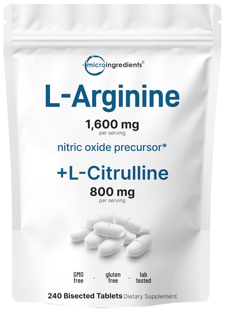 L-Arginine 1,600 mg Nitrik Oksit Supplement for Men with L-Citrulline, 240 Bisected Tabletler | Nitrik Çimento Precursor | Muscle, Energy, & Heart Support | Non-GMO, Gluten Free - 4 Ay Supply