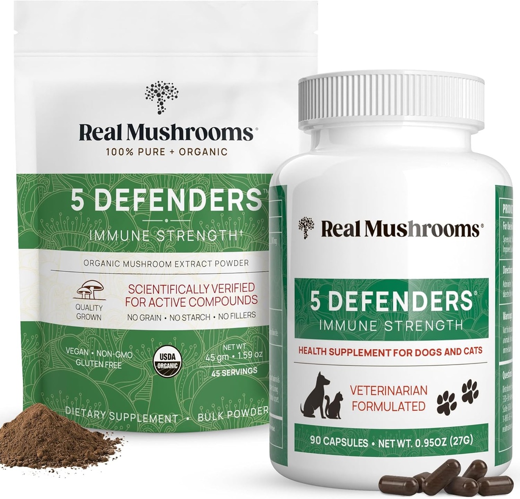 Gerçek Mushrooms 5 Defenders for Humans (45g) & Evcil hayvanlar (90ct) - Pouch & Capsules Sche - Chaga, Shiitake, Maitake, Türkiye Tail & Reishi Mushroom - Immune Strength & General Wellness - Vegan, Non-GMO