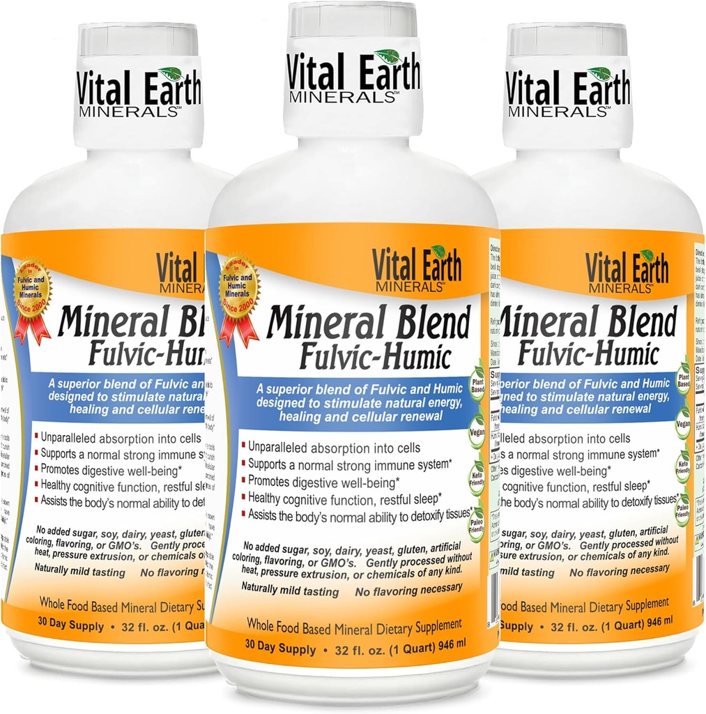 Vital Earth Minerals Fulvic Humic Mineral Plastik 3Pack - 70+ Trace Mineralleri ile Fulvic Acid Supplement, Electrolytes for Recovery, Balance & Energy, 32 Oz Ea + 1 Oz Cup Ea