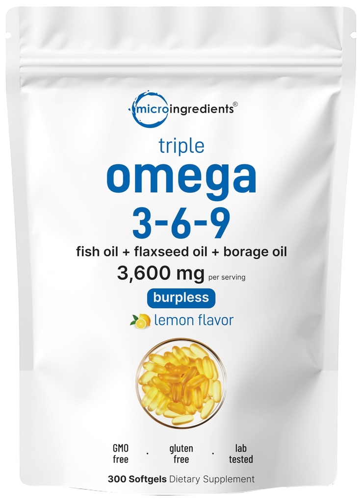 Ultra Omega 3-6-9 3600mg Per Serving, 300 Burpless Softgels | Lemon Flavor – Blend of Fish, Flaxseed, Borage Oils | Bioavailable Source, Non-GMO, No Gluten, Mercury Free