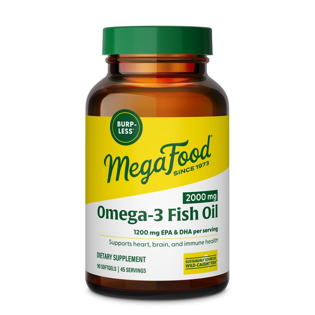 MegaFood 2000mg Fish Oil Omega 3 Supplements - Burp-Less & Lemon Oil Infused - Heart, Brain, Eye, Joint & Immune Support Supplement - 1200mg EPA & DHA Per Serving - 90 Softgels, 45 Servings