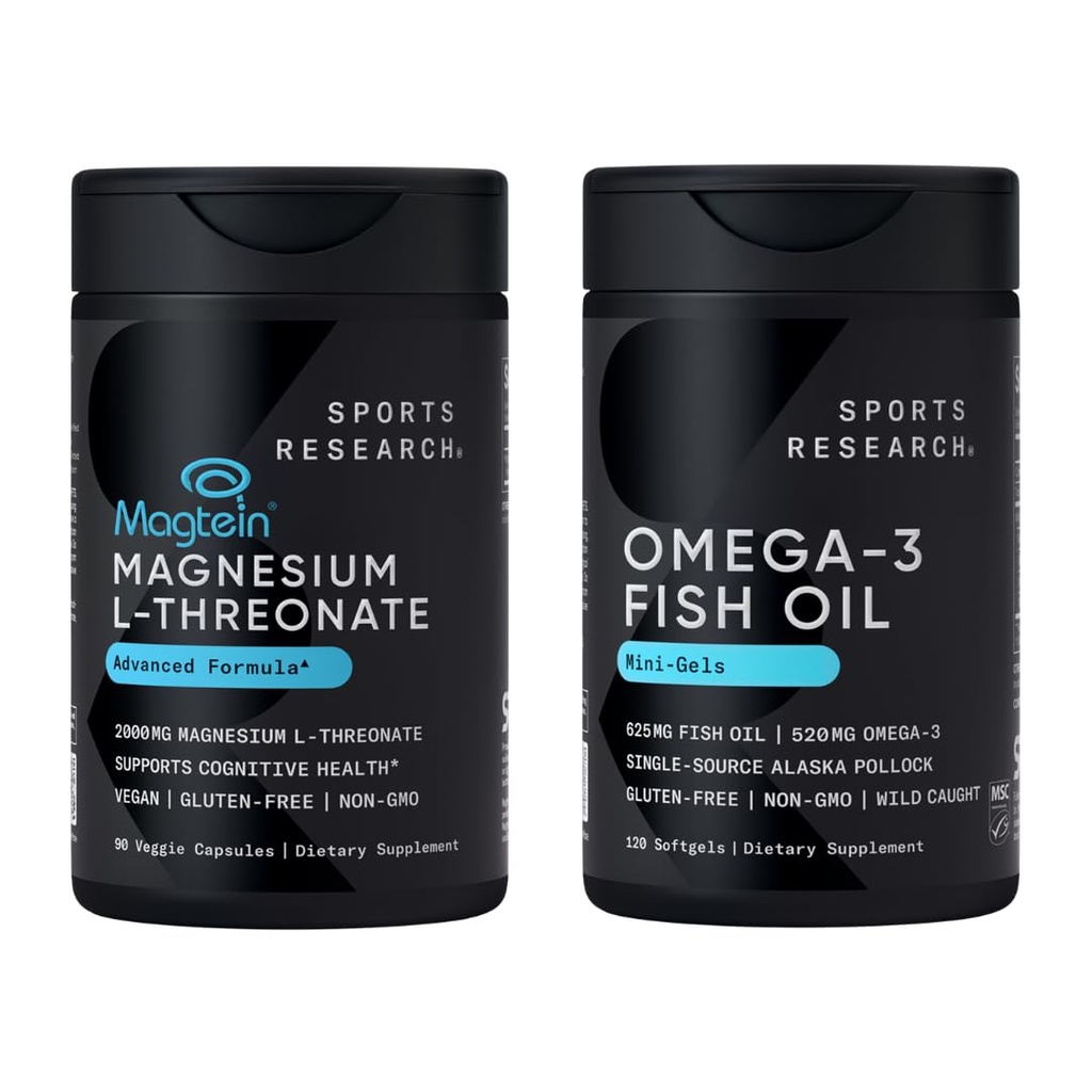 Sports Research® Cognitive Health Combo - Fish Oil Mini-Softgels - Easy to Swallow Omega-3 Fatty Acids from Wild Caught Alaska Pollock & Magtein Magnesium L-Threonate Supplement for Memory & Focus