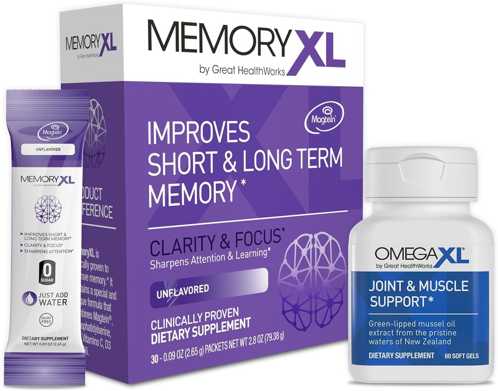 OmegaXL Joint Support Supplement, for Relief - Natural Muscle Support, Green Lipped Mussel Oil, 60 Count & MemoryXL, Magnezyum L-Threonate: Brain Supplement for Memory & Focus Unflavored 30 Pack