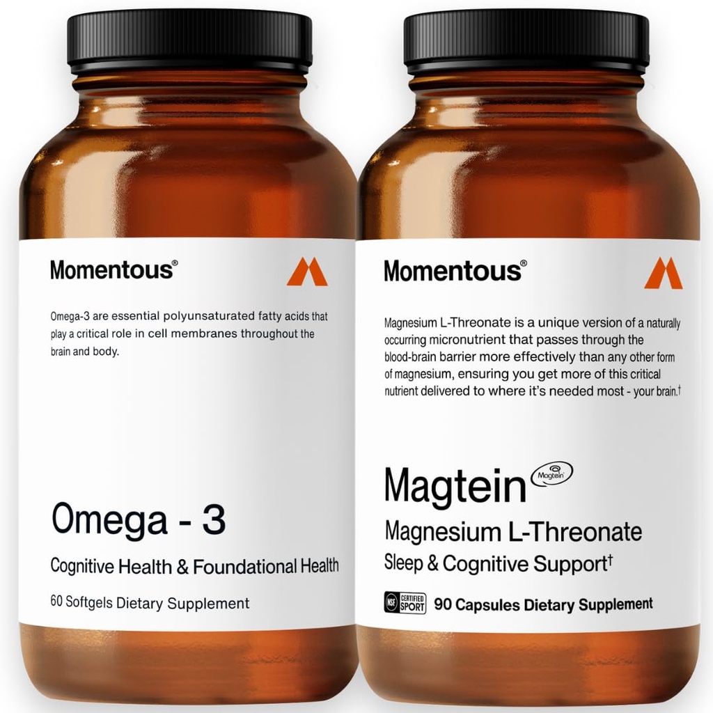 Momentous Omega-3 Fish Oil 1,600mg & Magtein Magnesium L-Threonate 145mg - Daily Omega-3 Supplement for EPA & DHA & Magnesium Threonate Supplement for Cognitive Function, Rest, & Joint Health Support