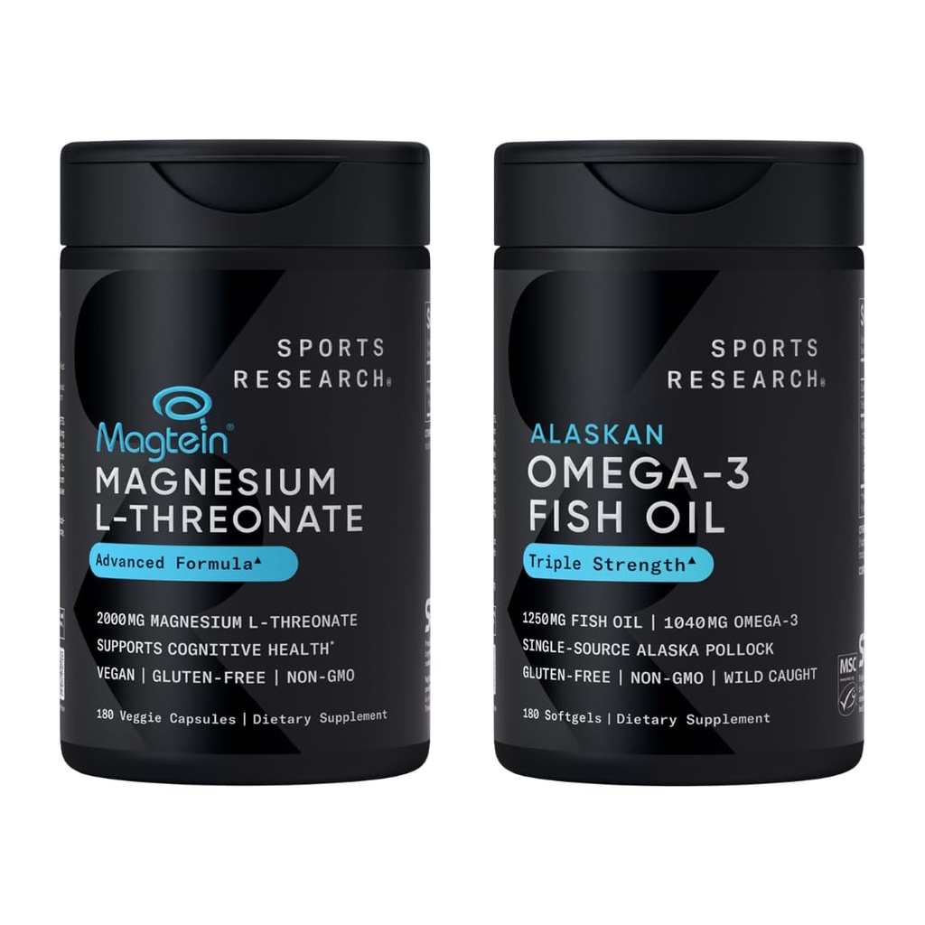 Sports Research 180 Count Cognitive Health Mega Pack Contains Triple Strength Omega 3 Fish Oil w/EPA & DHA Fatty Acids (1250 mg) & Magtein Magnesium L-Threonate (2000mg)