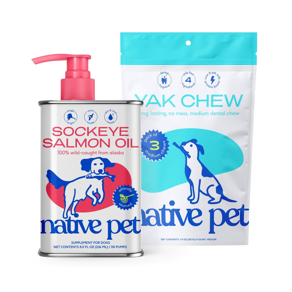 Native Pet Sockeye Salmon Oil for Dogs and Cats (8 Oz.) & Yak Chews (3 Medium Chews) - All Natural Dental Sticks Made with Yak Cheese & Pure Omega-3 Fish Oil Promotes Healthy Skin & Shiny Coat