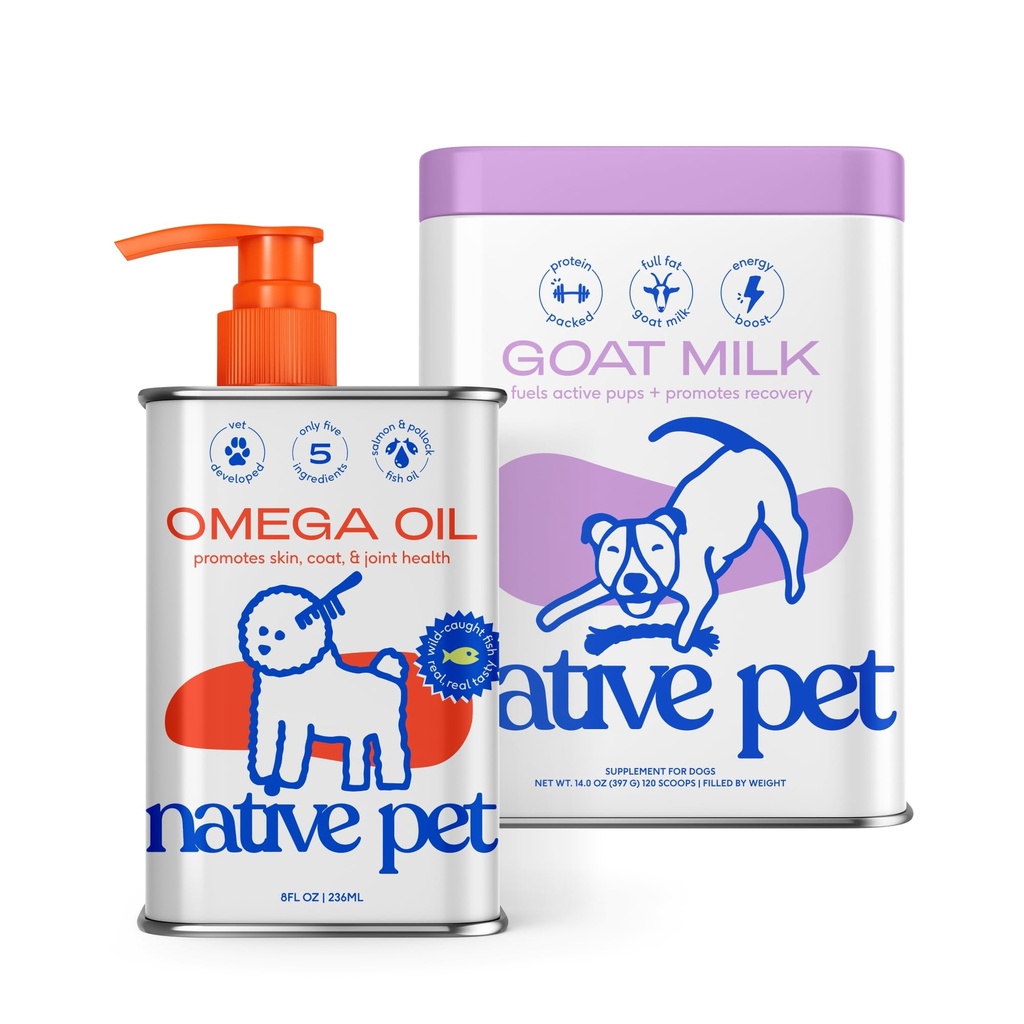 Native Pet Goat Milk Powder for Dogs (120 Scoops) & Omega 3 Fish Oil (8 Oz.) - Organic Goat Milk Great Dog Food Additive for a Healthy Digestive System & Omega 3 Fish Oil