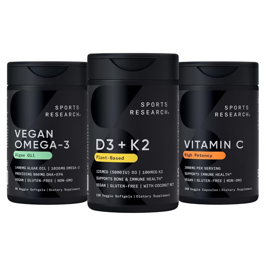 Sports Research® Vegan Supplements Pack - D3 + K2 + Vegan Omega-3 Fish Oil Alternative from Algae Oil + High Potency Vitamin C