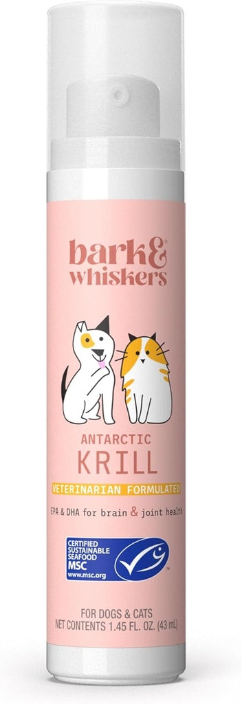 Bark & Whiskers Krill Oil Liquid Pump - Omega-3 Fatty Acids for Cats & Dogs - Ortak Konfor, Skin & Brain Function - Antioxy Support - 1.45 Fl Oz (186 Pumps)