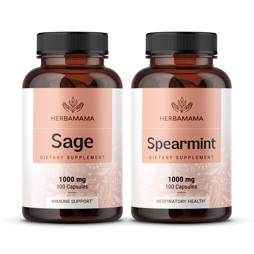 HERBAMAMA Sage and Spearmint Kit - Bundle of Sage Leaf Capsules & Spearmint Leaf Capsules - Vegan, Non-GMO, Gelatin-Free - 2 Pack
