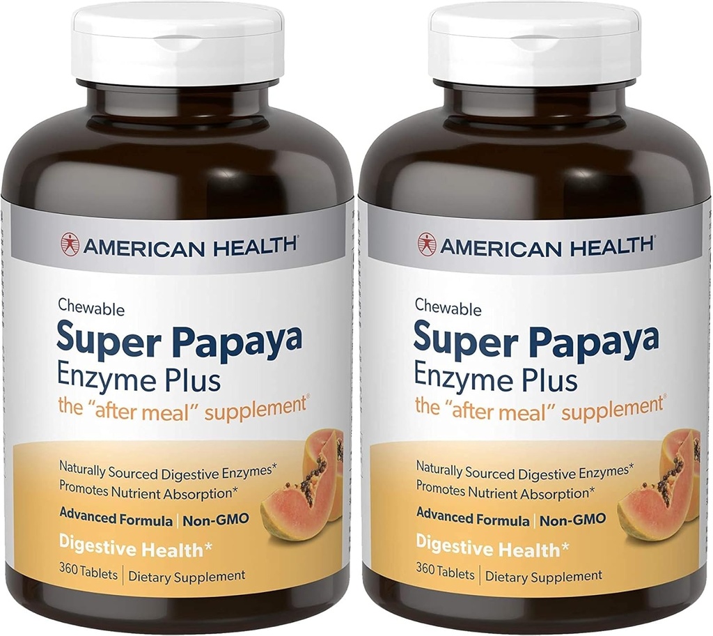 American Health Super Papaya Enzyme Plus Chewable Tabletler, Natural Papaya Flavor - Digestion & Nutrient Abxia, Contains Papain & Other Enzymes - 360 Kont - 2 Paket