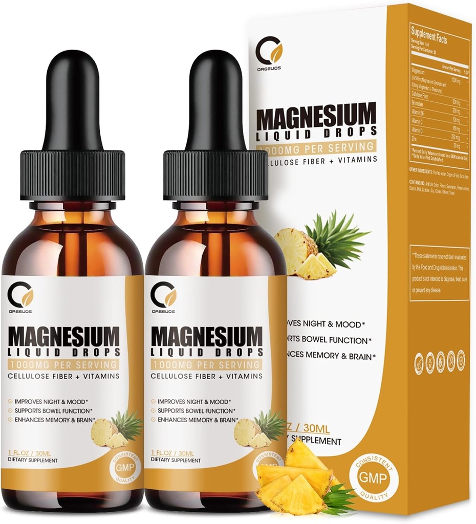 (2 Pack) Magnezyum Glycinate Supplement Liquid Drops for Women and Men, 1000mg High Abxia with Bromelain, Vitamin C, B6, D, çinko, Calm Relax Muscle, Bowel Energy, Pineapple Flavor