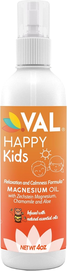 VAL Kids Magnezyum Oil Spray – Natural Bedtime Calm & Mood Support | Zechstein Magnezyum, Chamomile & Aloe | No Itch | Fast-Absorbing | Made in USA | 4oz