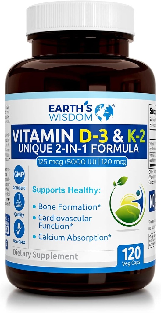 Dünya'nın Bilge Vitamin D3 5000 I ile K2 (MK7) Formula. Kas, Bone, Heart & Immune Support. Üstün Aborpsiyon. 120 Capsules. Gluten'den ücretsiz olarak, Süt, Soy. Non-GMO. ABD'de üretilmiştir.