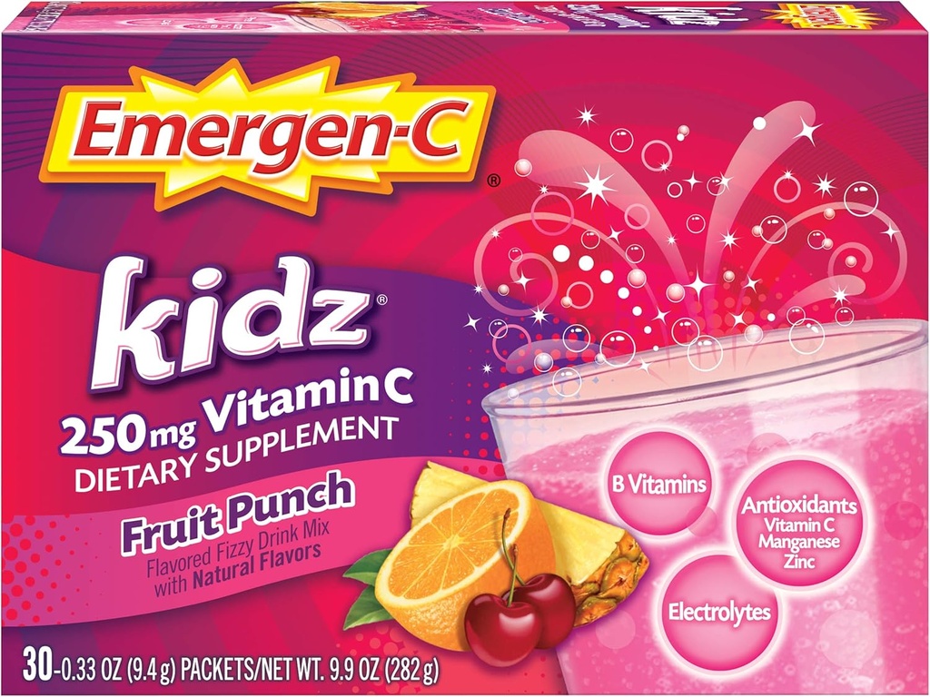 Emergen-C Kidz 250mg Çocuk Vitamini C Toz, Caffeine Free, Immune Support Drink Mix, Fruit Shvor - 30 Count/1 Ay Supply