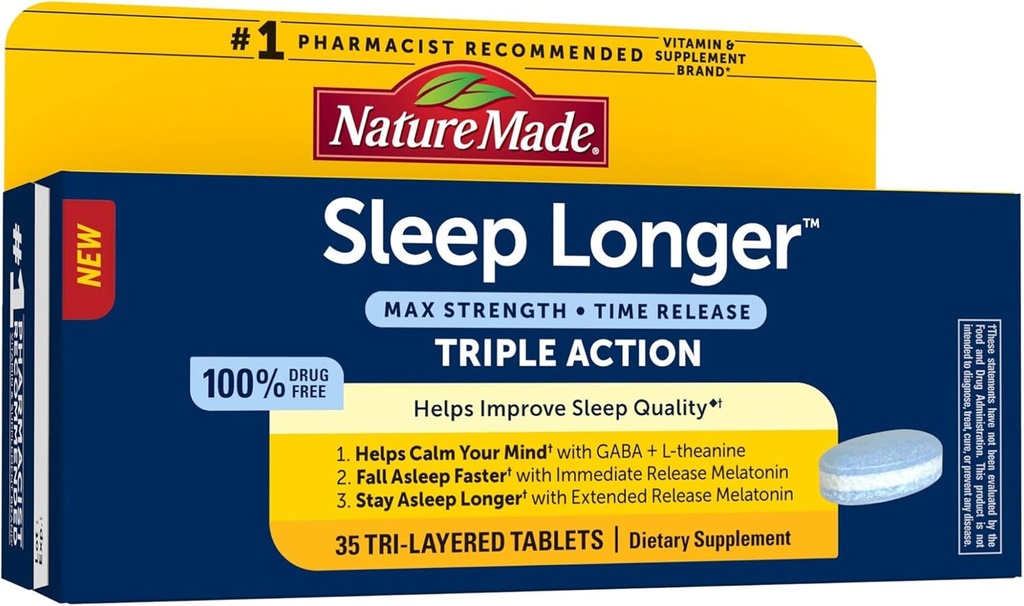 Nature Made Sleep Longer, Melatonin 10mg Time Release Tablets Tri- Layer, Βοηθά στη βελτίωση της ποιότητας του ύπνου, Πέφτει στον ύπνο Πιο γρήγορα, Μείνετε στον ύπνο L- Theanine και GABA να βοηθήσει να ηρεμήσει το μυαλό σας, 35 δισκία
