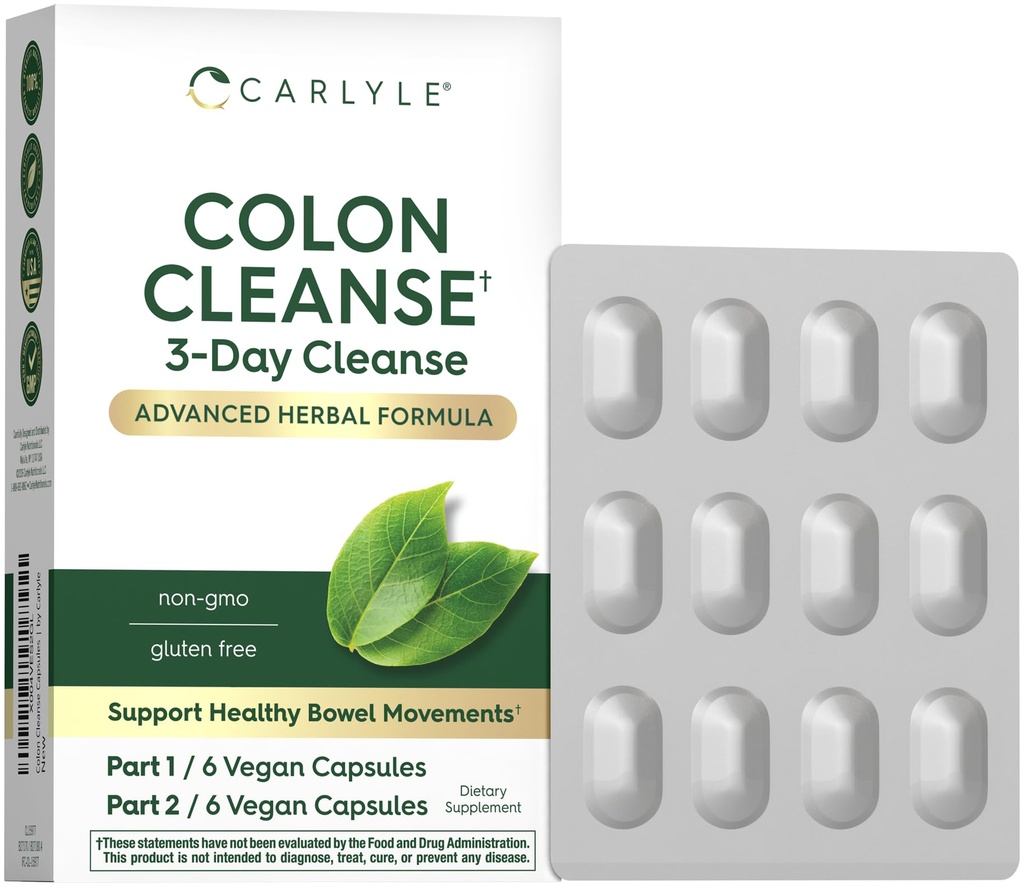 Carlyle Colon Cleanse | 12 Vegan Capsules | 3 Day Cleanse | Gelişmiş Herbal Formula | Sağlıklı Bowel Hareketleri | Non-GMO ve Gluten Ücretsiz Supplement Supplement