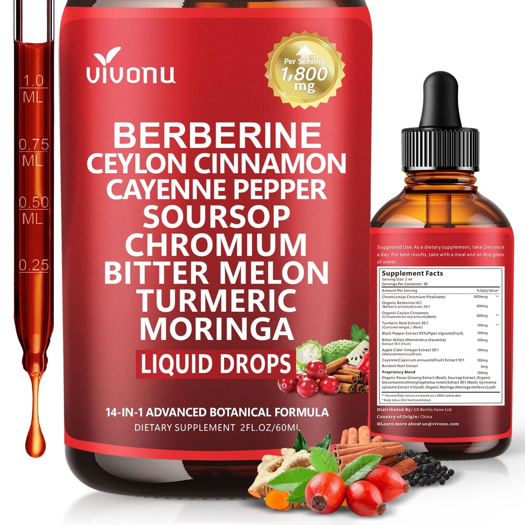 14-in-1 Berberine with Ceylon Cinnamon Supplement Liquid Drops, 1800mg + 30:1 Liposomal Tech with Cayenne Pepper, Soursop, Chromium, Bitter Melon, Turmeric, Moringa, Gymnema, Glucomannan, GLP Support