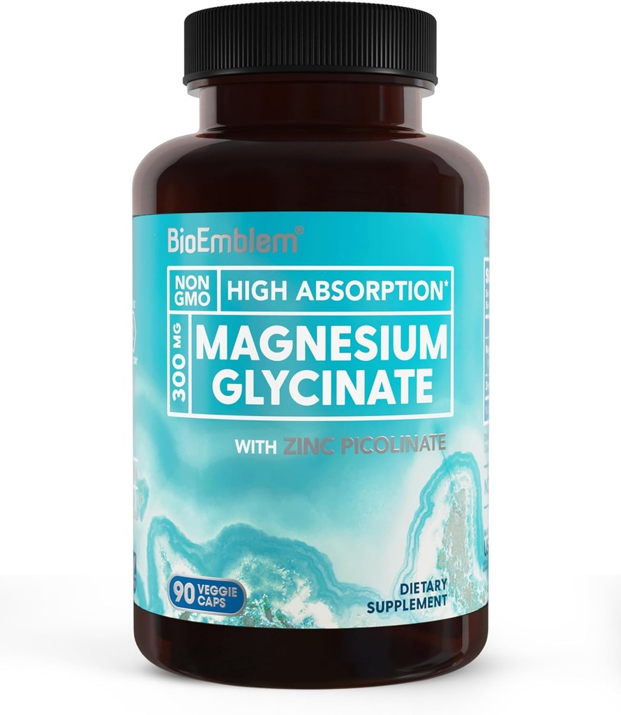 BioEmblem Magnezyum Glycinate with çinko - 300 mg Chelated Supplement Magnezyum - Yüksek Abhidrasyon Vegan Non-GMO 2in-1 Kompleksi - Immune Support, Muscles, Nerves - 90 Capsules