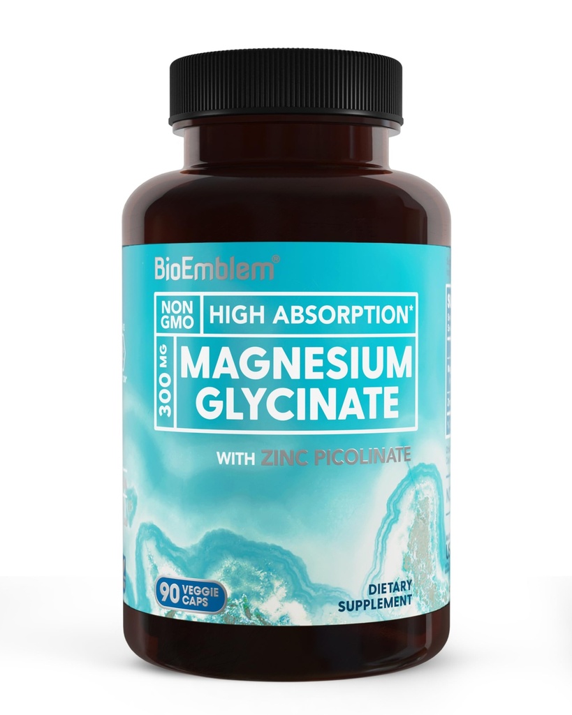 BioEmblem Magnezyum Glycinate with çinko - 300 mg Chelated Supplement Magnezyum - Yüksek Abhidrasyon Vegan Non-GMO 2in-1 Kompleksi - Immune Support, Muscles, Nerves - 90 Capsules