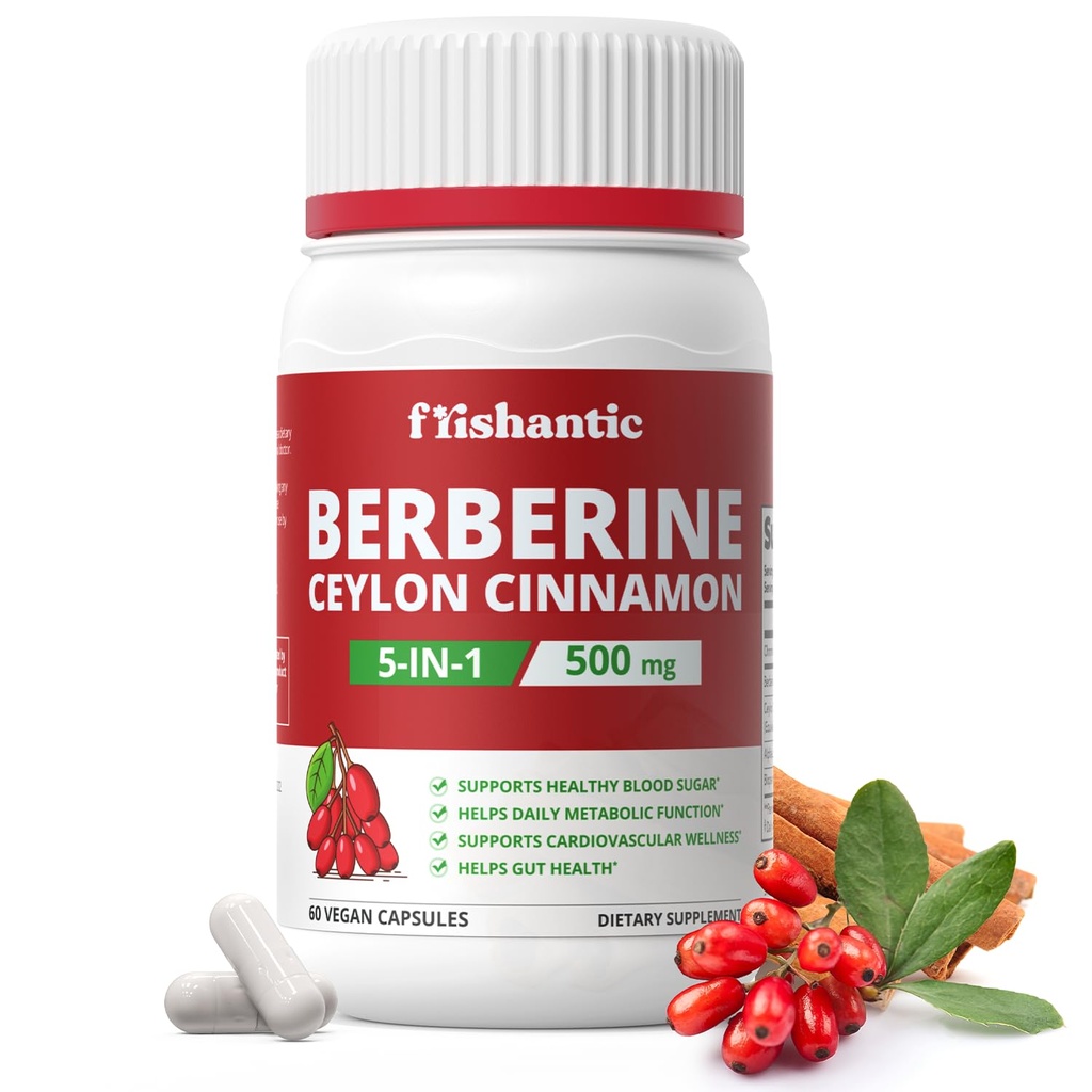 30-Day Supply Berberine with Ceylon Cinnamon, 500mg Berberine Supplement for Blood Sugar Support, Metabolism*, Gluten-Free, Non-GMO & Vegan, 60 Capsules