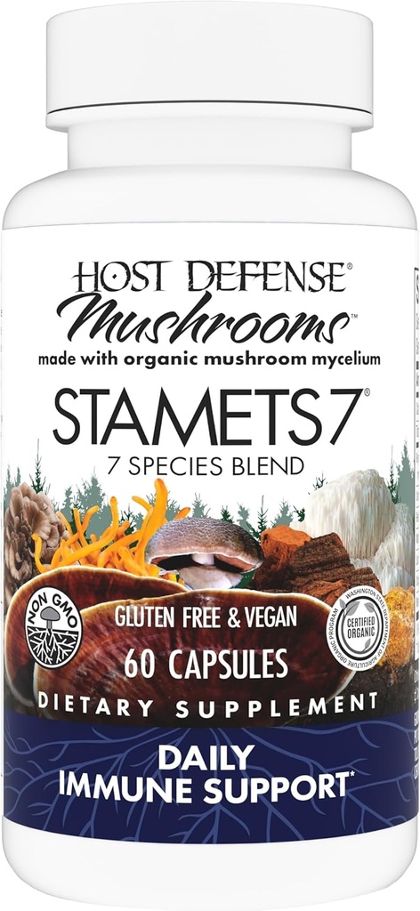 Host Defense Stamets 7-7 Species Blend - Mushroom Supplement for Immune Support - Includes Royal Sun Blazei, Cordyceps, Reishi, Maitake, Lion's Mane, Chaga & Mesima - 60 Capsules (30 Servings)*