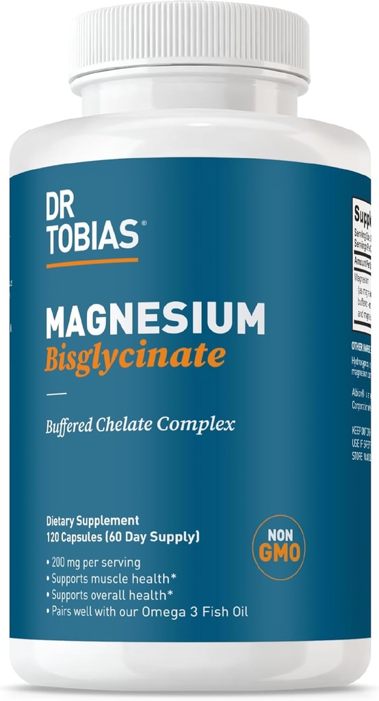 Dr. Tobias Magnezyum Bisglycinate, High Abxia Buffered Chelate Kompleksi, 200 mg per Capsule, Supports Energy, Muscle, Bone & Joint Health, Non-GMO Magnezyum Supplement, 120 Capsules