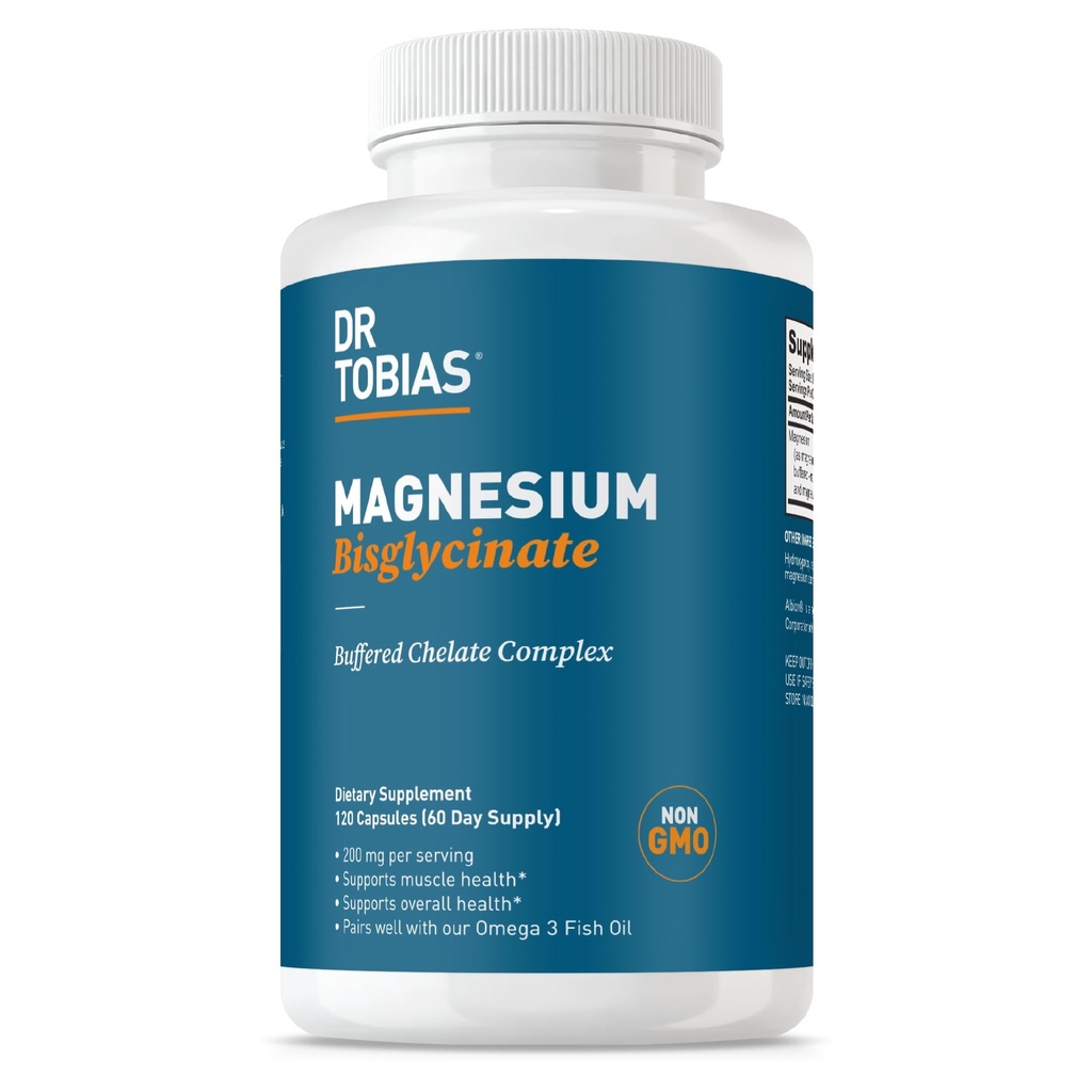 Dr. Tobias Magnezyum Bisglycinate, High Abxia Buffered Chelate Kompleksi, 200 mg per Capsule, Supports Energy, Muscle, Bone & Joint Health, Non-GMO Magnezyum Supplement, 120 Capsules