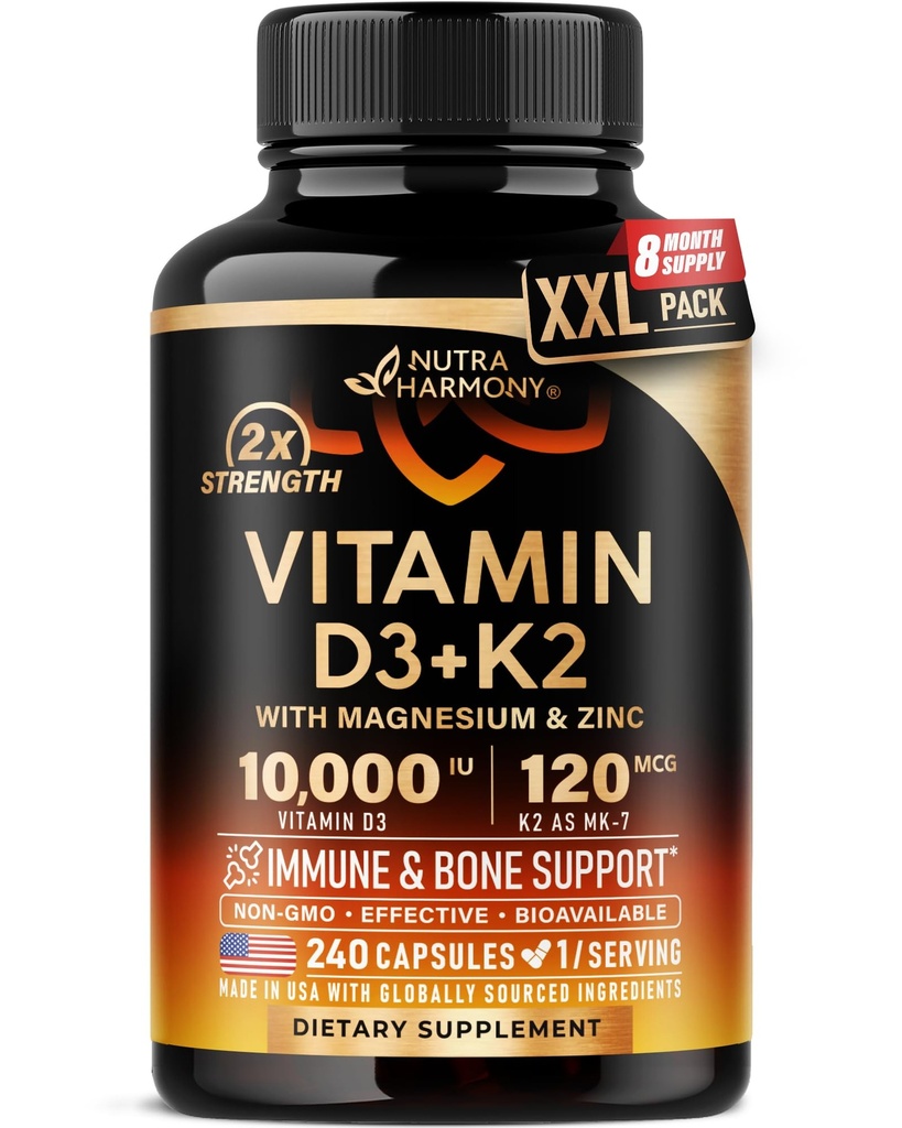 Vitamin D3 K2 - Vitamin D3 10000 iu & K2 as MK-7 120 mcg - Immune & Mood Support, for Bone & Teeth Health - with Magnesium, Zinc & Vitamin C & B12 - Highly Bioavailable - Gluten Free, 240 Capsules