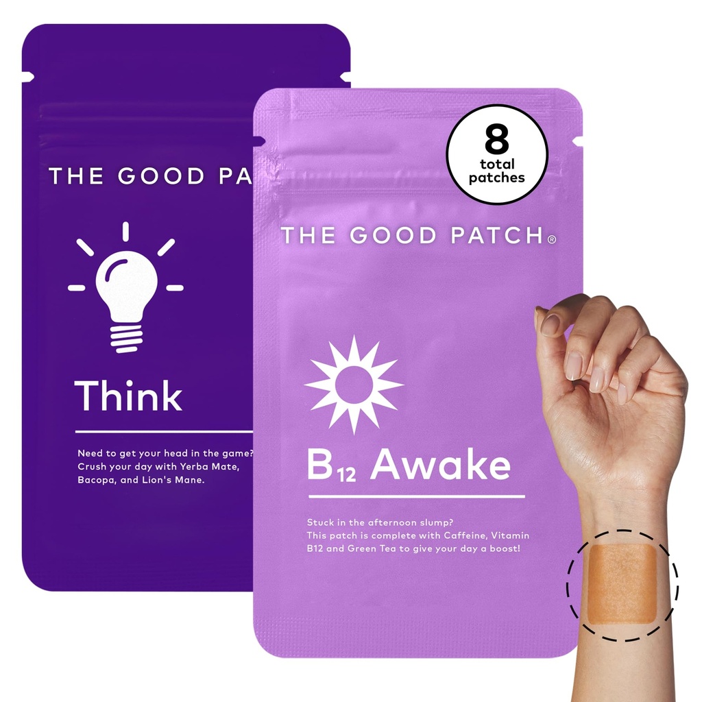 The Good Patch Weekday Hustle Duo - Awake B12 with Caffeine and Vitamins to Help Promote Energy - Think with Caffeine, Yerba Mate to Support Focus (8 Total Patches)