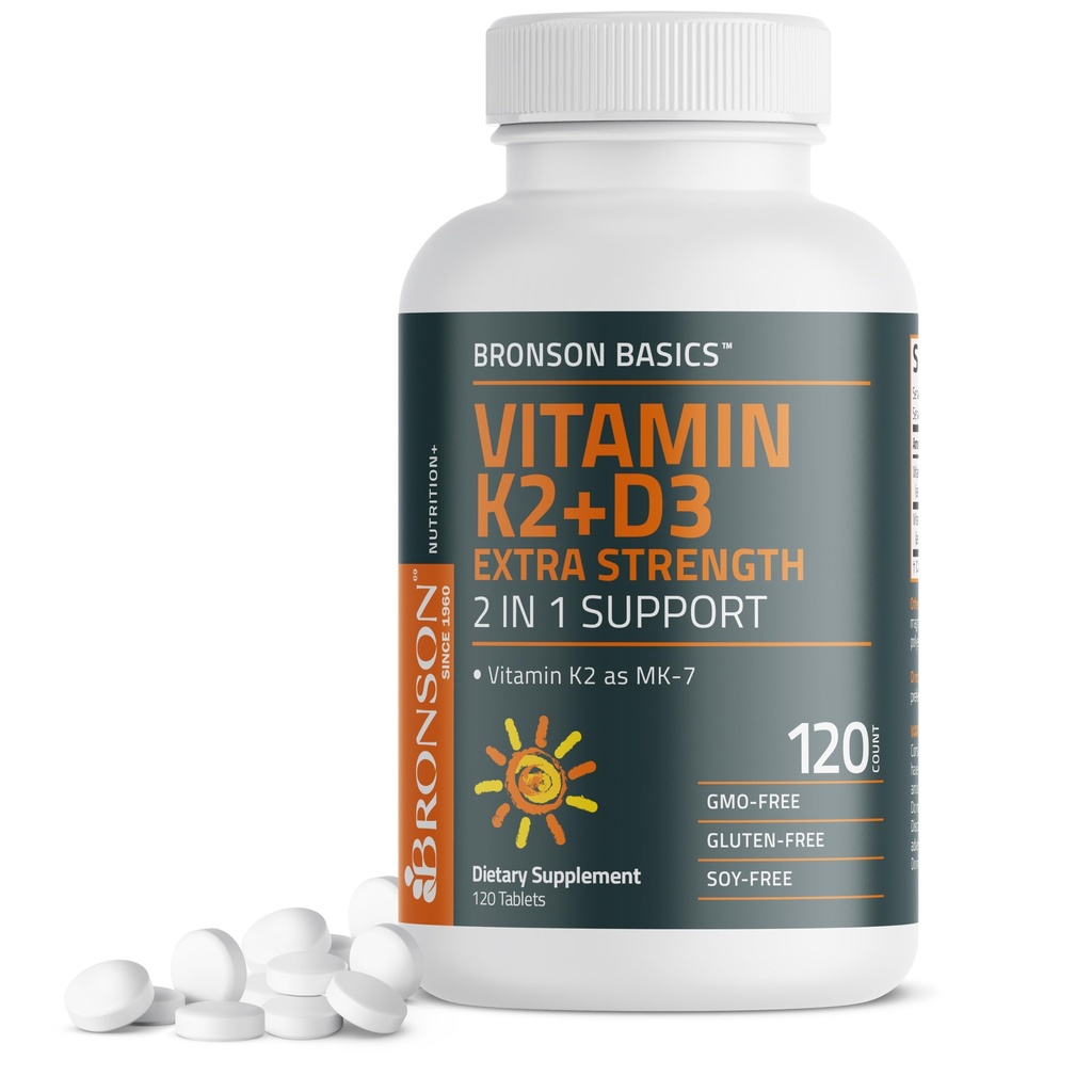Bronson Vitamin K2 (MK7) with D3 Supplement Extra Strength 2 in 1 Support, 10,000 IU Vitamin D3 & 120 mcg K2 MK-7, 120 Tablets