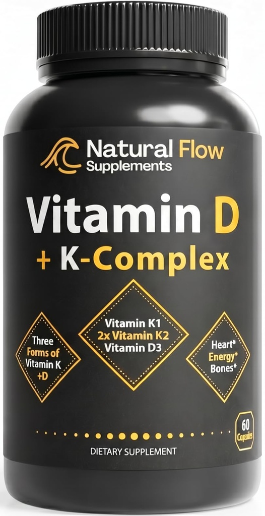 Natural Flow Vitamin D3 with K2 Complex — 5,000 IU D3 + Full K-Complex (K1, MK-4, MK-7) + FOS — Bone, Heart & Immune Support — Vegetarian, USA Made, 60 Capsules