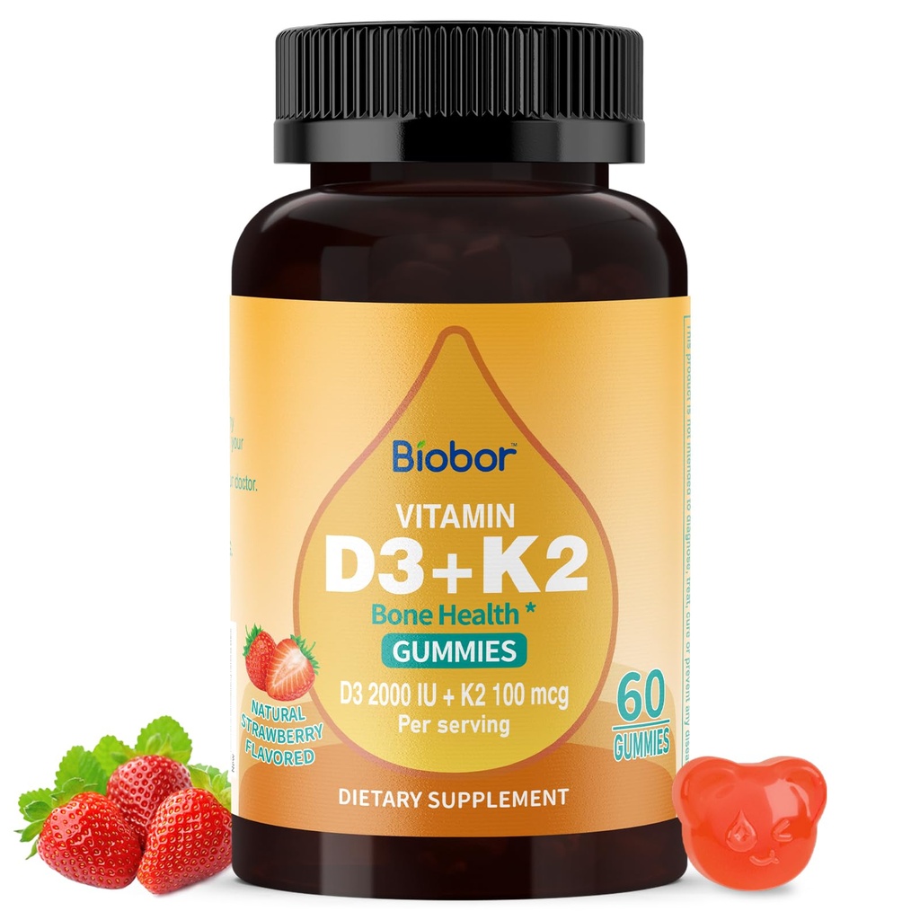Biobor Natural Vitamin D3 K2 Gummies, 2000 IU Vitamin D3 & 100 mcg Vitamin K2(MK-7),Supports Healthy Bone, Immune Health Supplement, GMO Free, Gluten Free, Strawberry Flavor, 60 Count