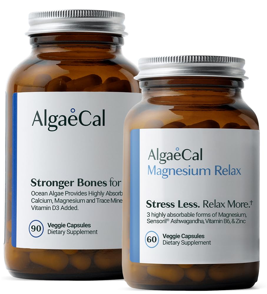 AlgaeCal Magnesium Relax™ - Chelated Magnesium with Ashwagandha for Sleep & Occasional Anxiety and Algaecal - Plant Based Calcium Supplement with Vitamin D3 for Bone Strength