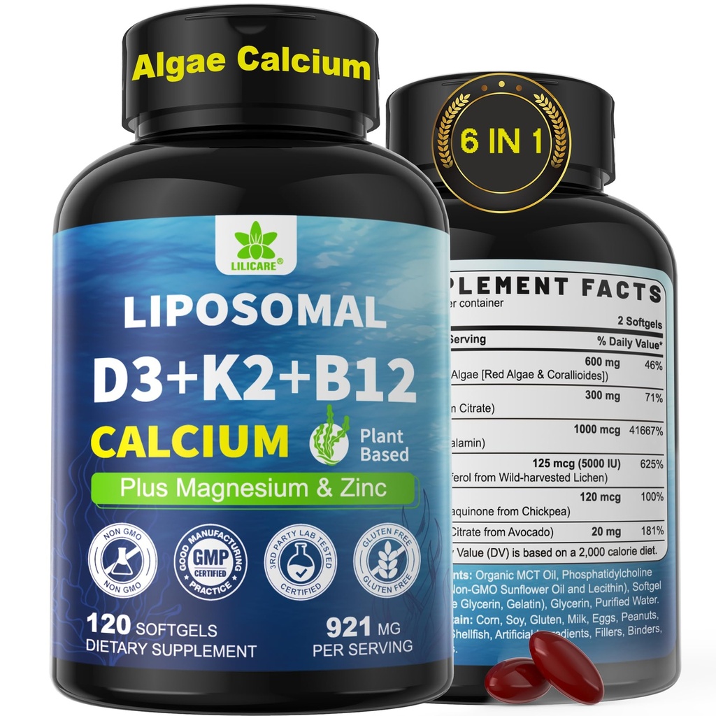 6-in-1 Plant Based Calcium Supplements for Women Men- Calcium 600mg w/ D3 K2 5000 IU Vitamin, Liposomal & Algae Ca-lcium Magnesium Zinc + Vegan Vitamin D 5000 IU + K2 MK7 + Methyl B12 for Bone, 1 Pack