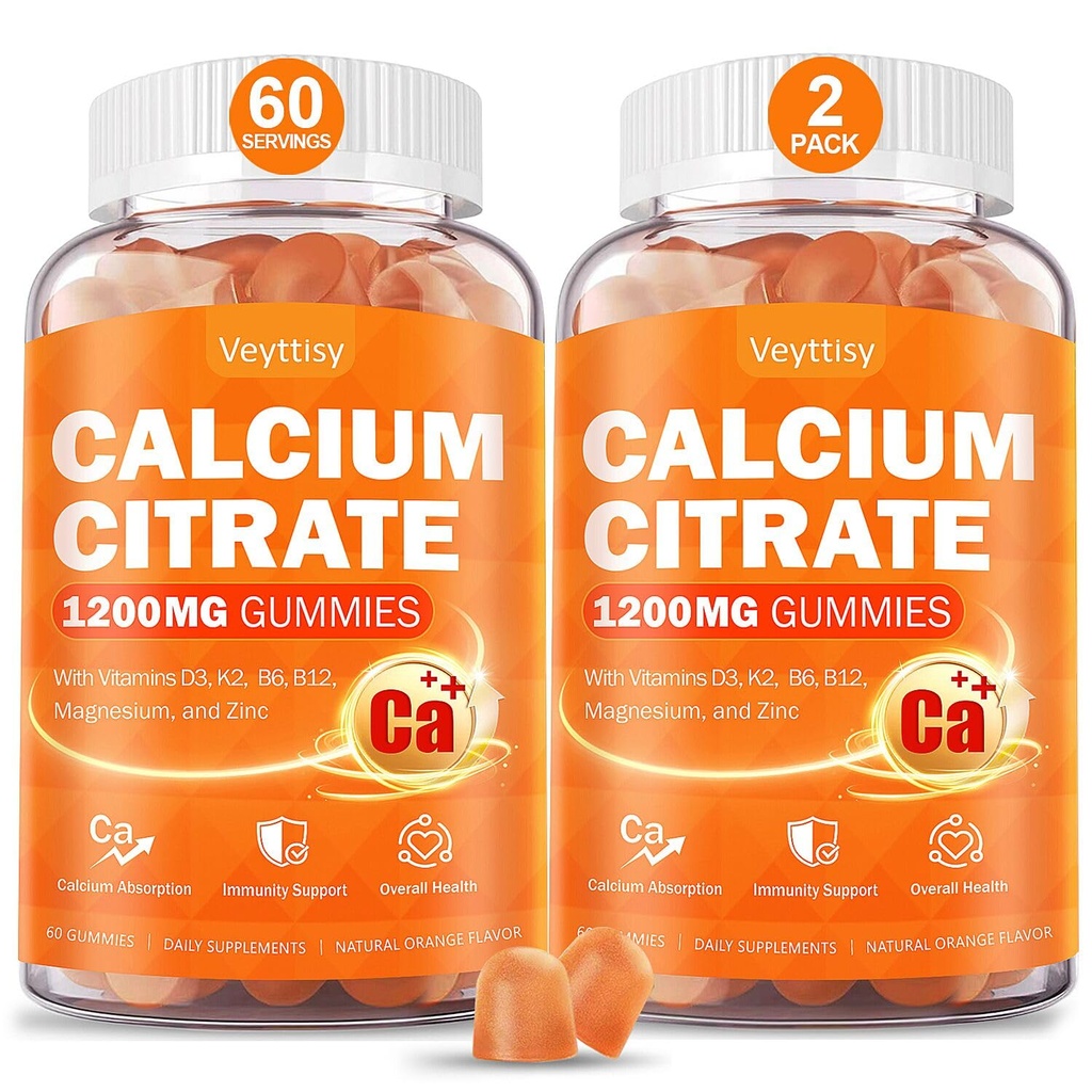 Calcium 1200 mg with Vitamin D3 Supplement for Adults - Calcium Gummies with 5000iu Vitamin D3, K2, B6, B12, Magnesium & Zinc - Calcium Supplement for Women Men - Easy to Digest, Vegan (2 pack)