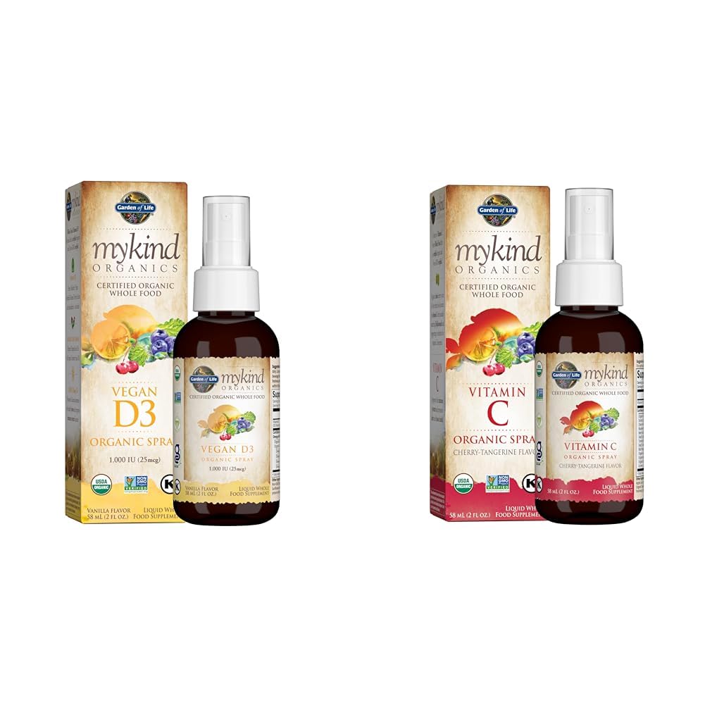 Garden of Life Organic Vegan Vitamin D3 1000 IU Liquid Spray with Omega Oils and Organic Vitamin C Spray for Immune Support, 60mg - 2 fl oz Bottles