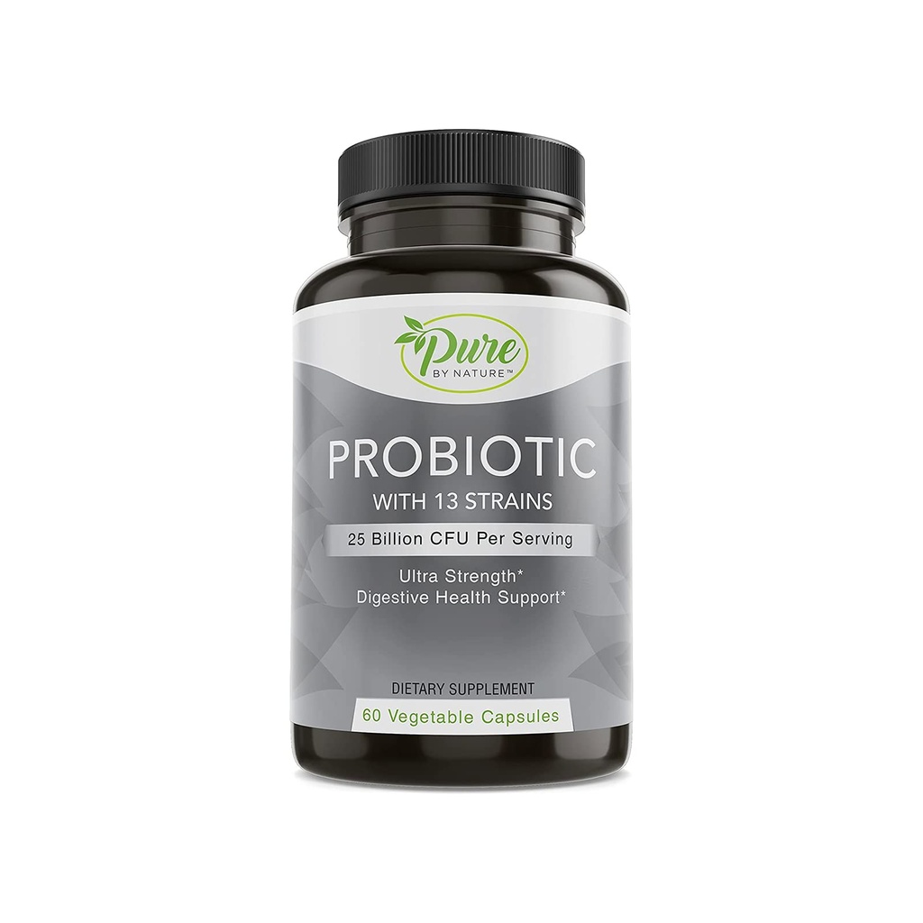 Pure By Nature Probiyotiks for Women & Men, 13 Strains with 25 Milyar CFU, Probiyotiks for Digestive Health, Gut Health, Immune Support, Bloating & Constipation, Vegan & Raf-Stable, 60 Capsules