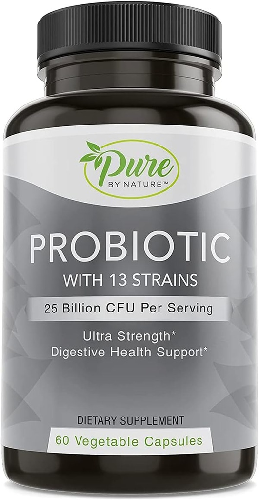 Pure By Nature Probiyotiks for Women & Men, 13 Strains with 25 Milyar CFU, Probiyotiks for Digestive Health, Gut Health, Immune Support, Bloating & Constipation, Vegan & Raf-Stable, 60 Capsules