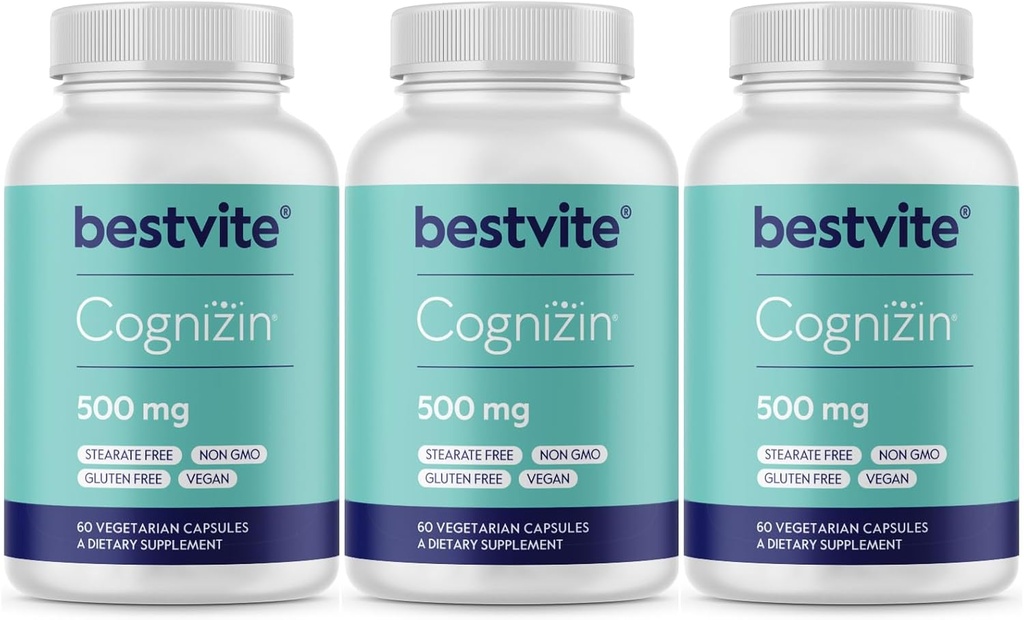 BESTVITE Cog ETF Citicoline 500 mg (180 Vegetarian Capsules) (60x3) - Klinik olarak Studied Premium Choline Nootropic - No Stearates - Vegan - Gluten Free - Brain Supplements for Memory and Focus