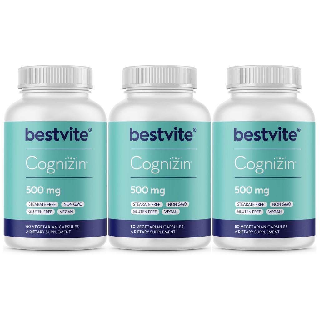 BESTVITE Cognizin Citicoline 500mg (180 κάψουλες χορτοφαγικής) (60x3) - Κλινικά Σπουδές Premium Nootropic Χολίνη - Όχι Stearates - Vegan - Χωρίς γλουτένη - Συμπληρώματα εγκεφάλου για τη μνήμη και την εστίαση