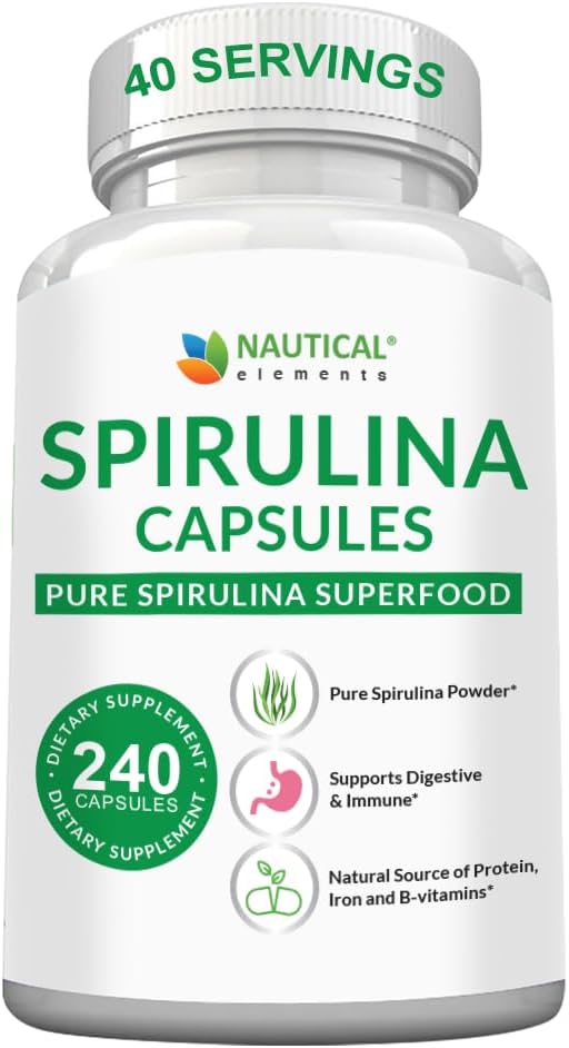 Κάψουλες Spirulina 3000mg - 40 Σερβιέτες Βιολογικών Καψακίων Spirulina - Πλούσια σε Πρωτεΐνη, Αντιοξειδωτικά & Βιταμίνες - 240 Βιολογικά Σπιρουλίνα Σκόνη - Υποστηρίζει Ανοσοποιητική & Καρδιαγγειακή Υγεία