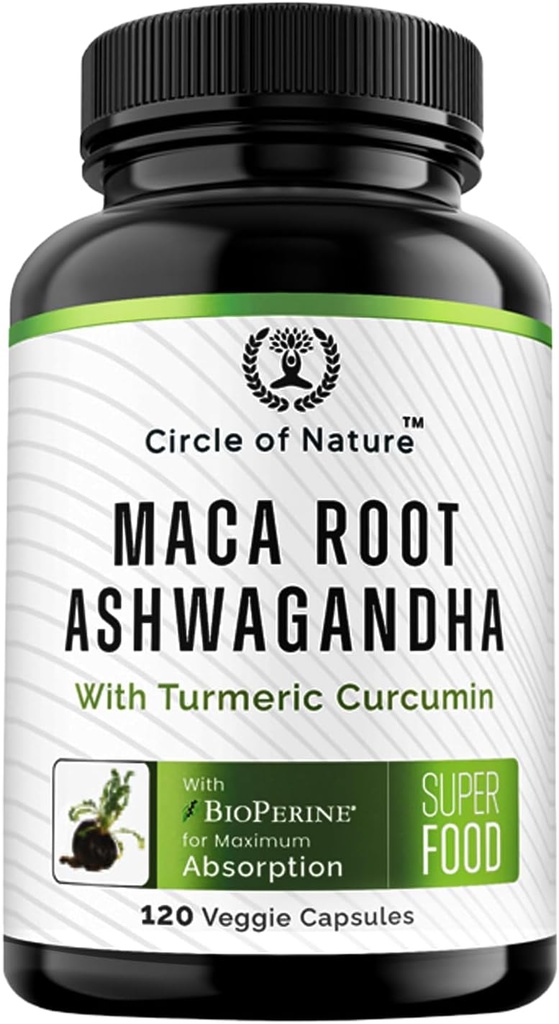 Maca Root, Ashwagandha Root Extract, Κάψουλες για άνδρες & γυναίκες με κουρκουμίνη και βιοπερίνη 120 κάψουλες Made in USA