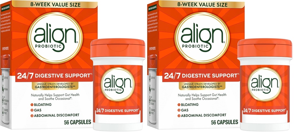 Align Probiyotik, 7/24 Digestive Support*§, Kadın ve Erkekler için Probiyotikler, Digestive Health,Men ve Kadınlar Probiyotik Capsules Relieve Occasional Bloating & Gas*,56 Capsules,(Pack of 2)