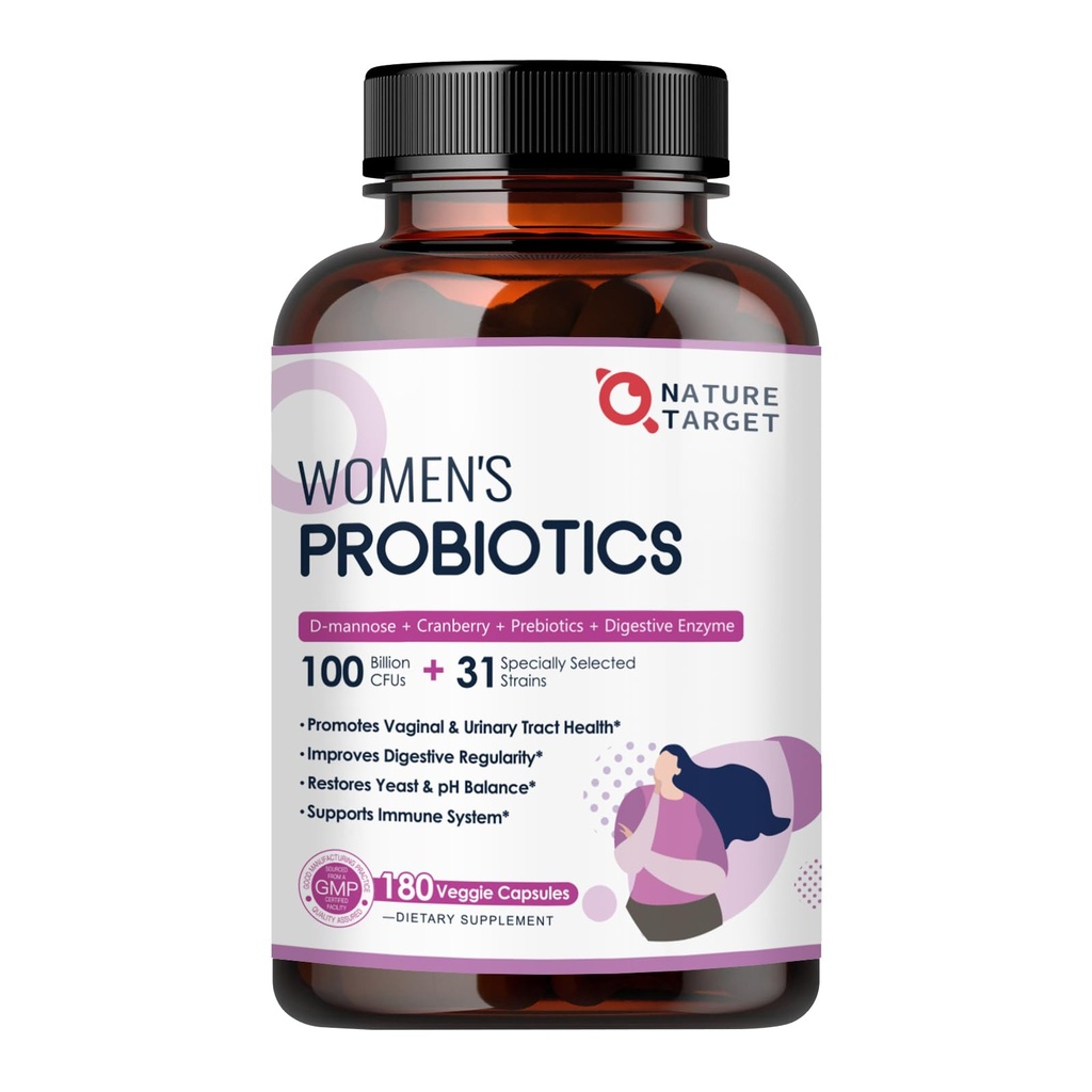 NATURE TARGET Probiotics for Women, 100 Billion CFUs Probiotic with Digestive Enzymes & Prebiotics, Vaginal Probiotics with Cranberry for Urinary Tract Health, pH Balance, 180 Veggie Capsules
