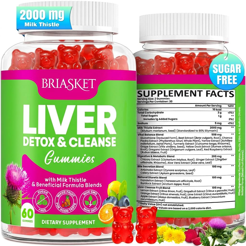 Liver Detox Cleanse & Repair, 2000 mg Milk Butle Liver Detox, Liver Support Supplement with Glutathione, Dandelion Root, Turmeric & Artichoke, 23-in-1Herbal for Liver & Gut Health, Vegan, 60 Gummies