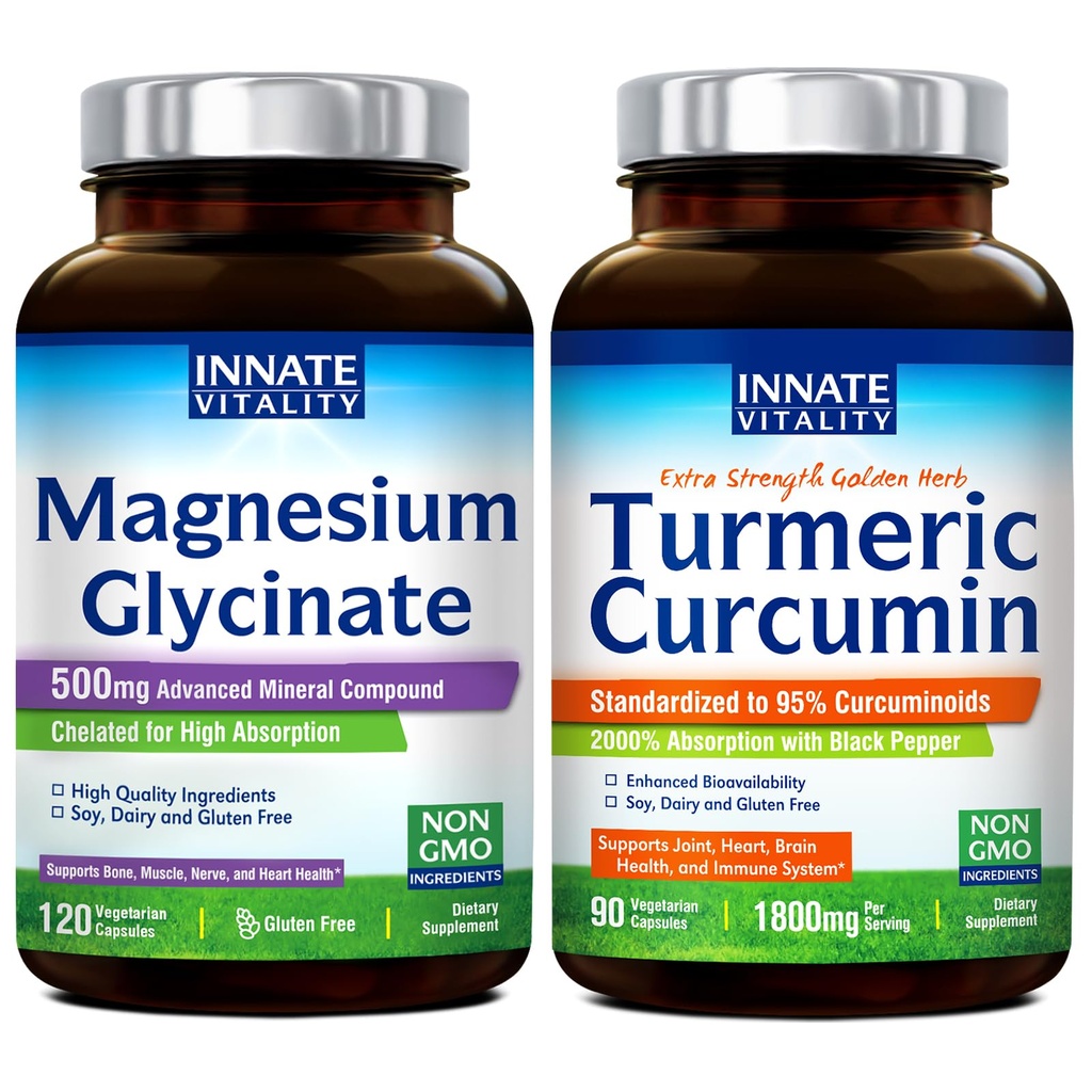 Έμφυτη ζωτικότητα Γλυκινικό μαγνήσιο & Turmeric Bundle, Υψηλή απορρόφηση, κοινή, μυών & νεύρων υγεία, εκχύλισμα μαύρου πιπεριού, Bundle & Save, 120 κάψουλες & 90 κάψουλες