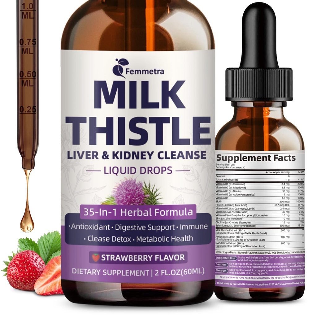 Süt Butle, Liver Cleanse Detox & Tamir için sıvı damlalar, 35-IN-1 Kidney Urinary Tract, Bladder, Vegan, Non-GMO, Strawberry Flavor, 2 FL OZ