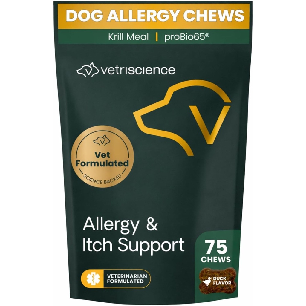 VetriScience Allergy & Itch Support Chews, Skin Supplement for Dogs, Itching, Scratching, and Licking, Support Immune Health, Duck, 75 Count