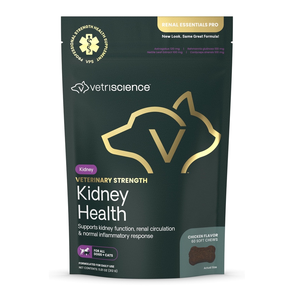 Vetriscience Veterinary Strength Kidney Health Chews - Balanced Kidney Support for Pets - Feline & Canine Renal Support - Holistic Formula - Chicken Liver Flavor - 60 Count
